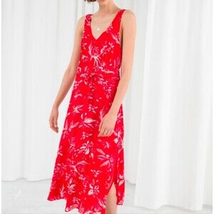 &Other Stories Red Floral Sleeveless Belted Midi Maxi Dress Sz 2 Boho Open Back